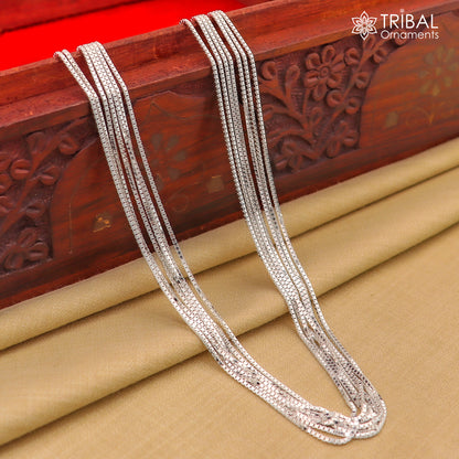 Sterling silver 1mm trendy box chain necklace by TRIBAL ORNAMENTS, showcasing a sleek, handmade design for men and women.