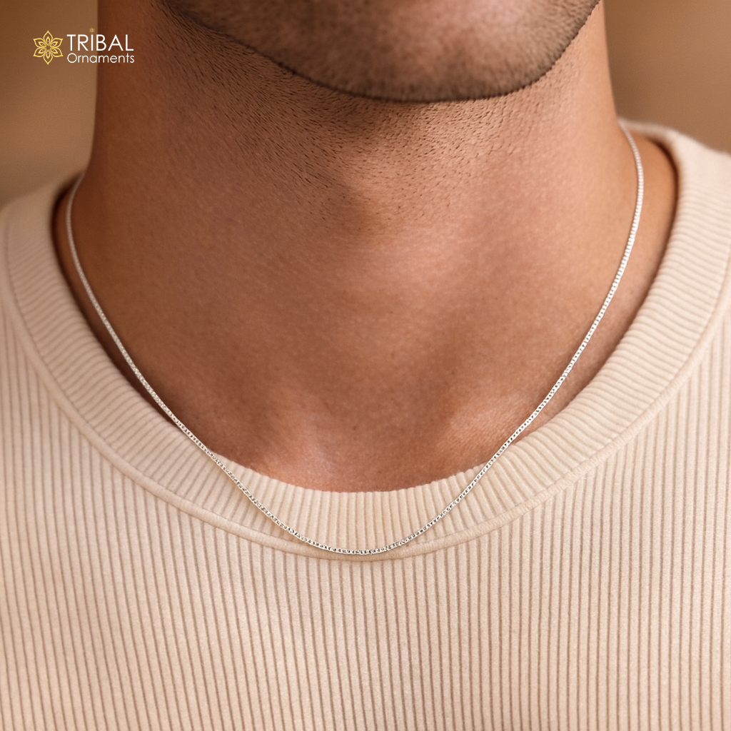 Sterling silver handmade 1mm box chain necklace by TRIBAL ORNAMENTS, trendy jewelry for men and women, perfect for gifting.