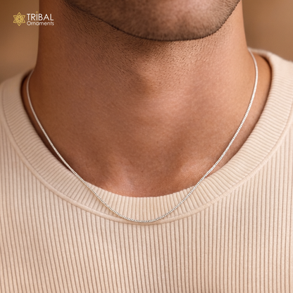 Sterling silver 1mm trendy box chain necklace by TRIBAL ORNAMENTS, showcasing a sleek, handmade jewelry design for men and women.