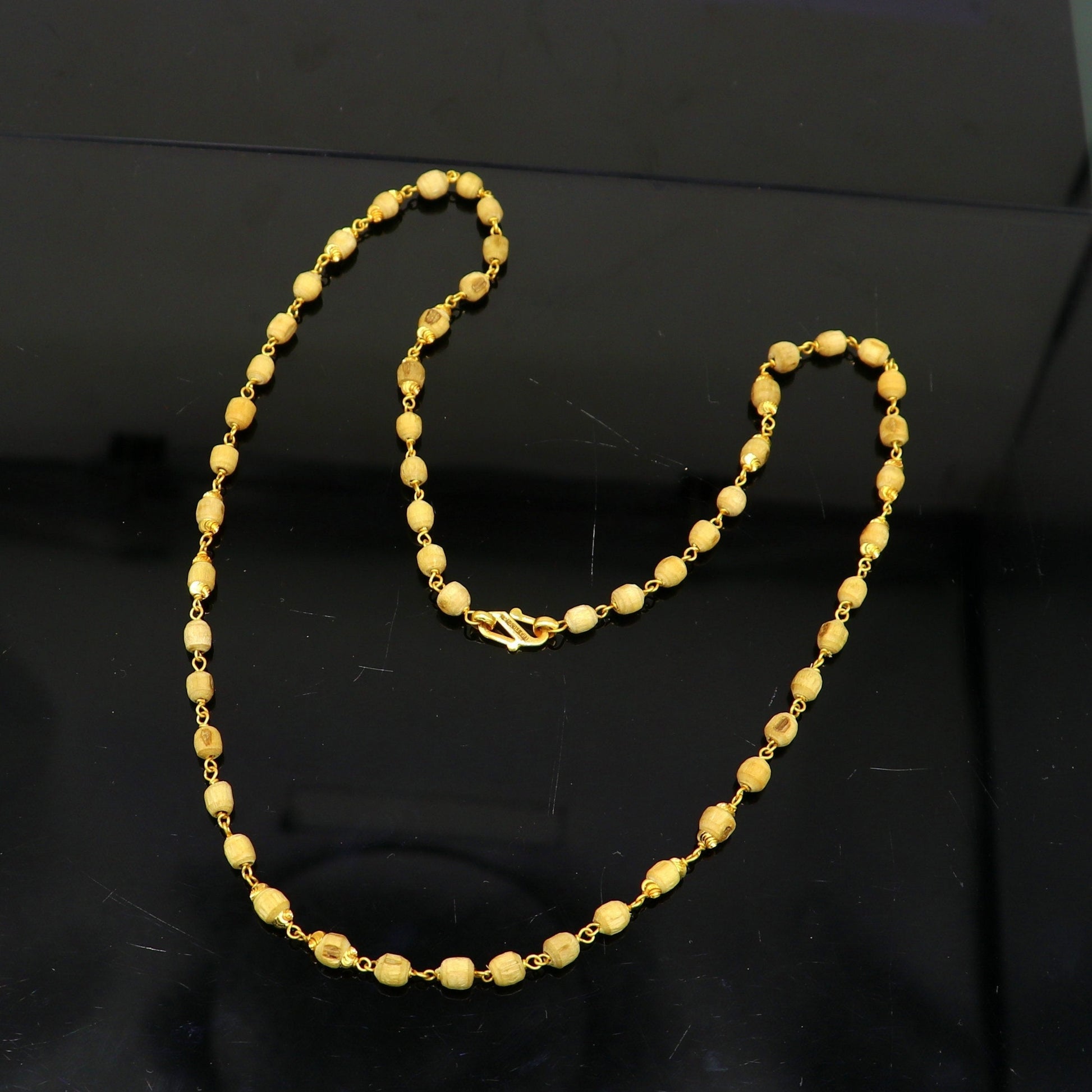 22kt yellow gold handmade customized basil rosary wooden beads chain necklace, gorgeous personalized tulsi chain, unisex stylish gifting - TRIBAL ORNAMENTS