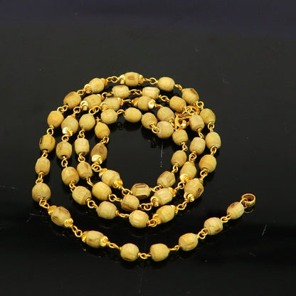22KT yellow gold handmade Tulsi rosary necklace with wooden beads, unisex spiritual jewelry, hallmarked 916, customized basil mala.