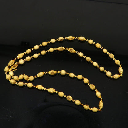 22KT yellow gold handmade Tulsi rosary necklace with wooden beads, unisex spiritual jewelry, customized basil mala, hallmarked 916.