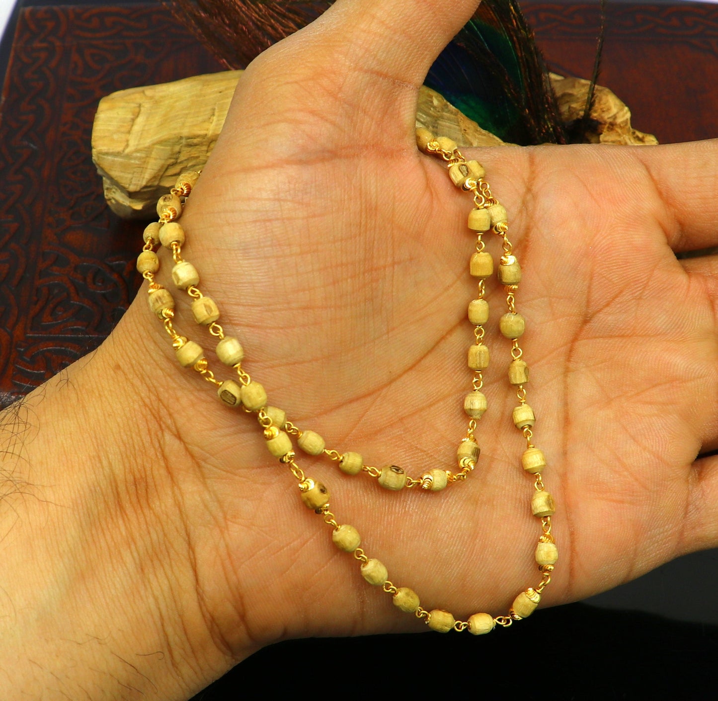 22kt yellow gold handmade customized basil rosary wooden beads chain necklace, gorgeous personalized tulsi chain, unisex stylish gifting - TRIBAL ORNAMENTS