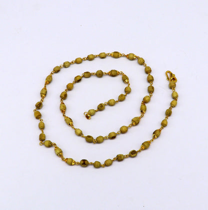 22KT yellow gold handmade Tulsi rosary necklace with wooden beads, unisex spiritual jewelry, customized basil mala, hallmarked 916.
