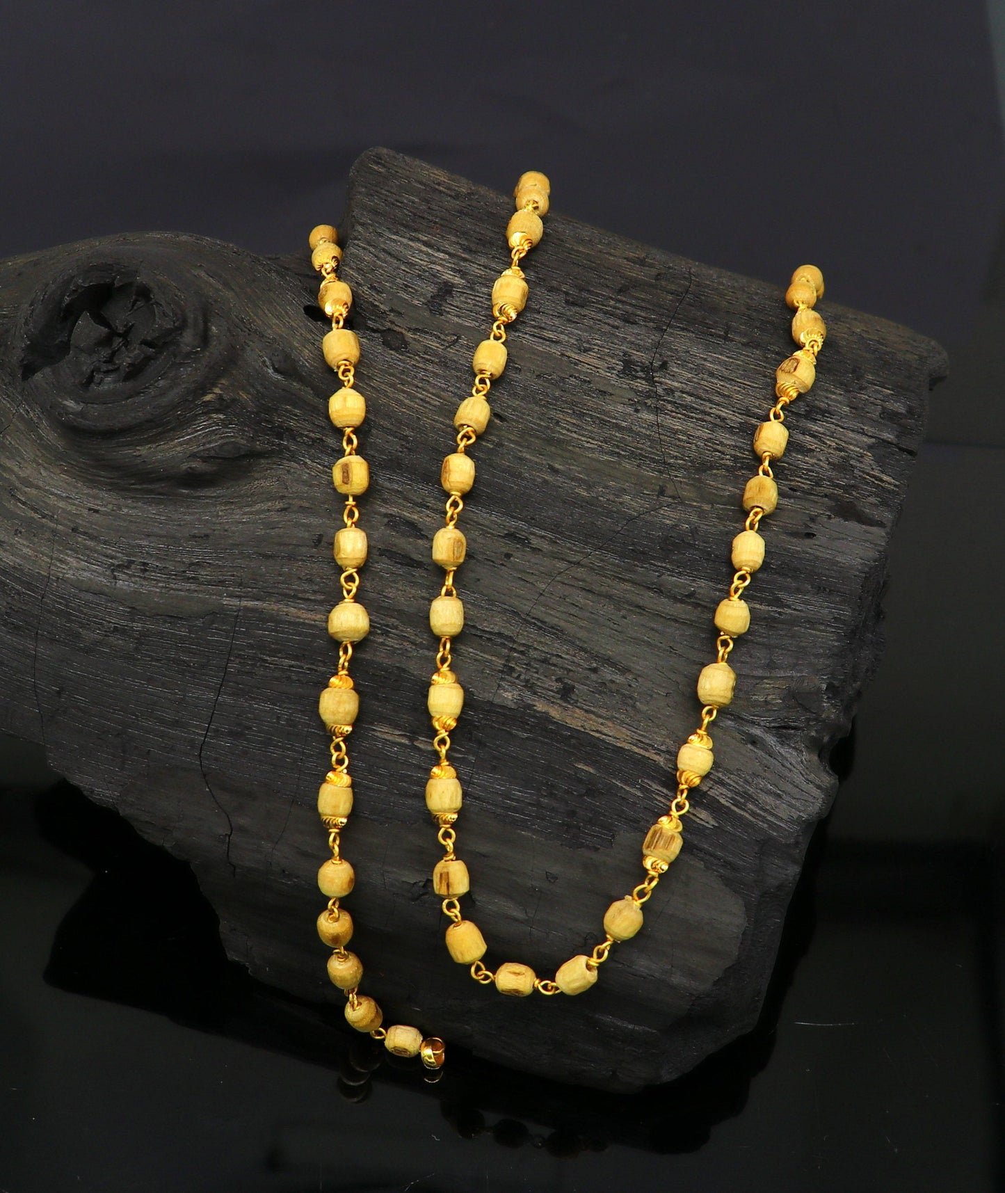 22kt yellow gold handmade customized basil rosary wooden beads chain necklace, gorgeous personalized tulsi chain, unisex stylish gifting - TRIBAL ORNAMENTS