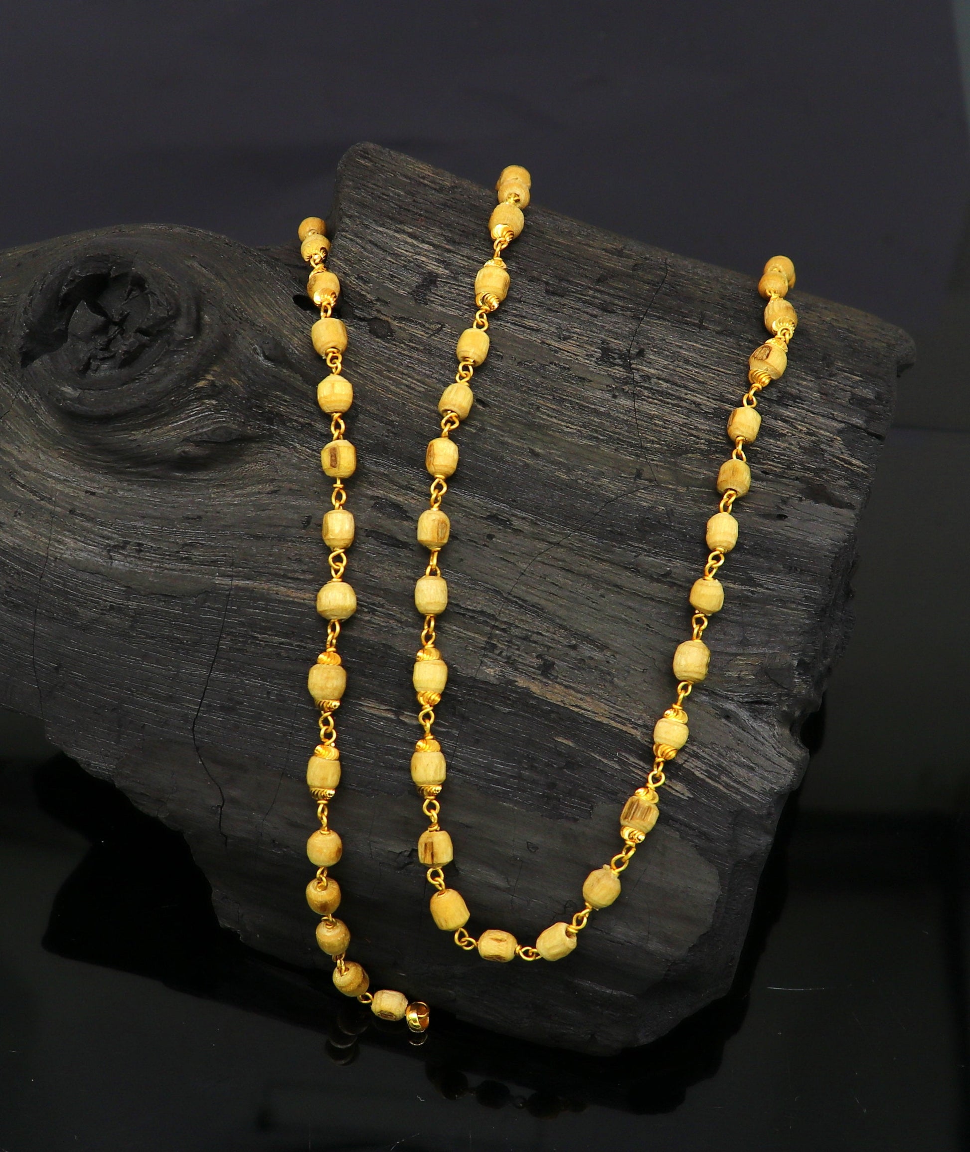 22kt yellow gold handmade customized basil rosary wooden beads chain necklace, gorgeous personalized tulsi chain, unisex stylish gifting - TRIBAL ORNAMENTS