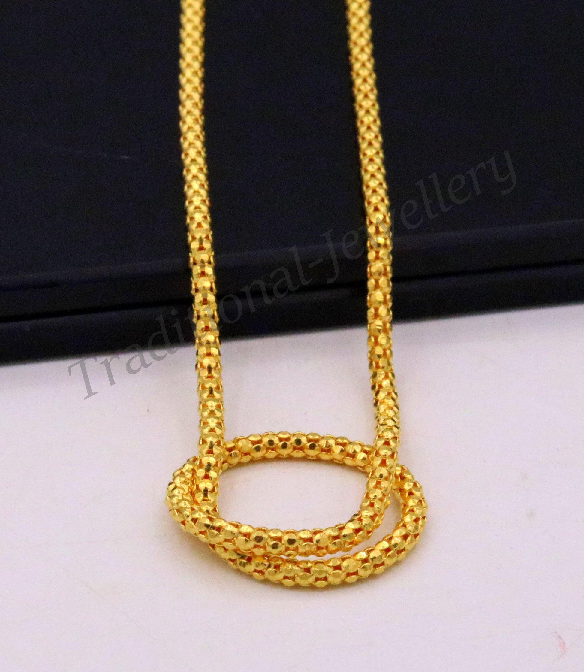 22kt yellow gold handmade unisex chain necklace with unique design, 20 inches long by TRIBAL ORNAMENTS.