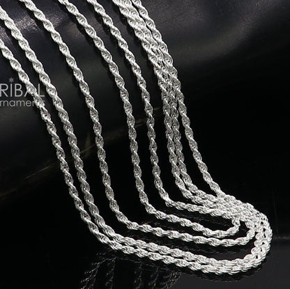 Sterling silver 2mm rope chain necklace, unisex trendy style, handmade with bright silver finish, from Tribal Ornaments.