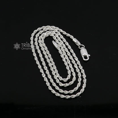 Tribal Ornaments 2mm 925 sterling silver rope chain necklace, bright silver, unisex trendy jewelry, handmade, plain and stylish.