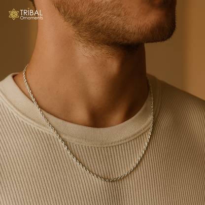 2mm 925 sterling silver rope chain necklace with a bright, trendy unisex design, featuring a handmade, plain silver finish.