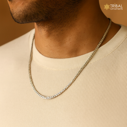Sterling silver wheat chain necklace by TRIBAL ORNAMENTS featuring a modern, trendy design with intricate handmade craftsmanship.