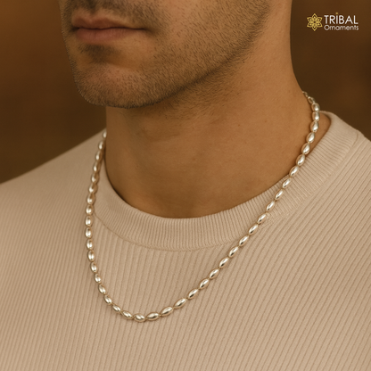 Tribal Ornaments 3mm 925 sterling silver beaded baht chain necklace, delicate and trendy for elegant style and graceful movement.