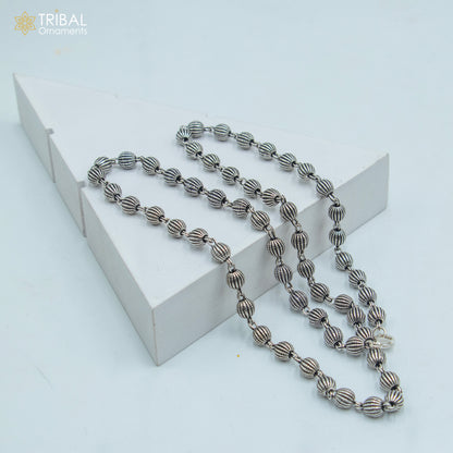 Sterling silver 4mm beaded chain necklace by TRIBAL ORNAMENTS, unisex handmade jewelry with delicate fancy beaded design.