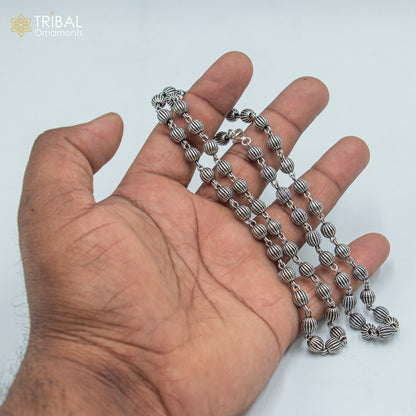 4mm 925 sterling silver beaded chain necklace by TRIBAL ORNAMENTS, unisex jewelry with delicate, handmade fancy beaded design.