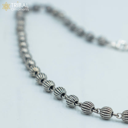 Sterling silver beaded chain necklace by TRIBAL ORNAMENTS, 4mm delicate unisex jewelry with handmade fancy beading.