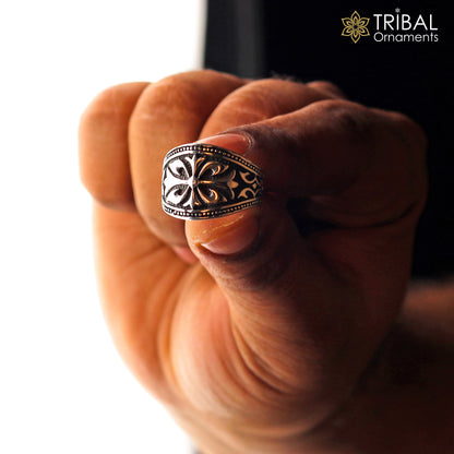 925 sterling silver men's ring with a detailed flower design from TRIBAL ORNAMENTS, showcasing intricate floral jewelry craftsmanship.