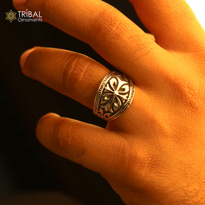 925 sterling silver men's ring with floral design from TRIBAL ORNAMENTS, showcasing intricate flower patterns in silver jewelry.