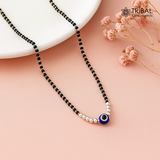 925 sterling silver black beads chain necklace, gorgeous small evil eye bead design pendant, traditional style chain beaded necklace set323 - TRIBAL ORNAMENTS