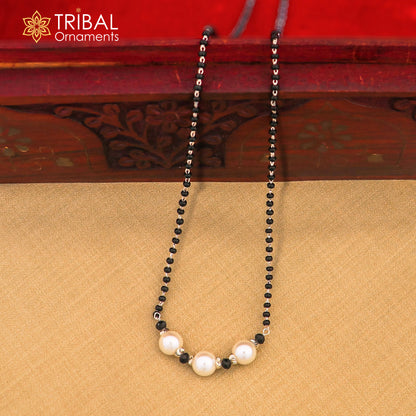 925 sterling silver black beads chain necklace with small silver bead pendant, traditional style beaded jewelry from TRIBAL ORNAMENTS