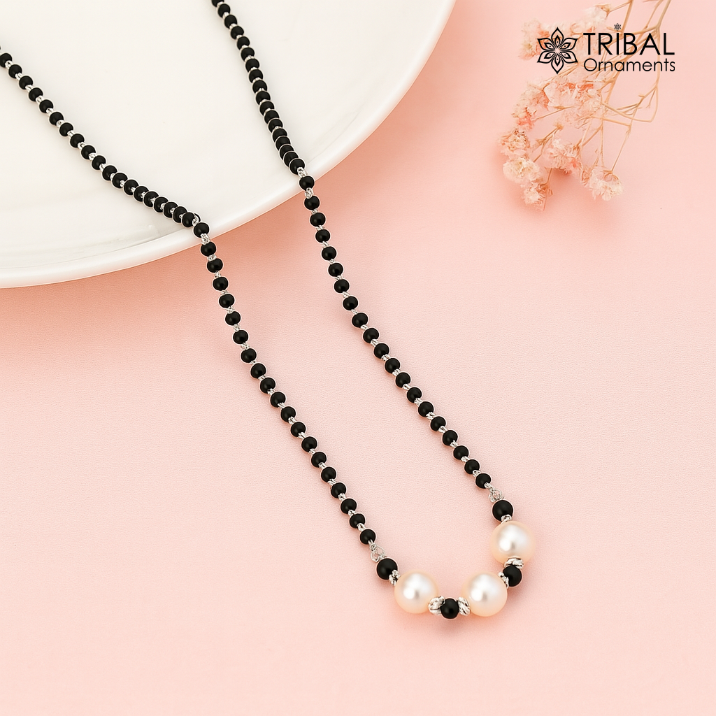 925 sterling silver black beads chain necklace, gorgeous small silver bead design pendant, traditional style chain beaded necklace set324 - TRIBAL ORNAMENTS