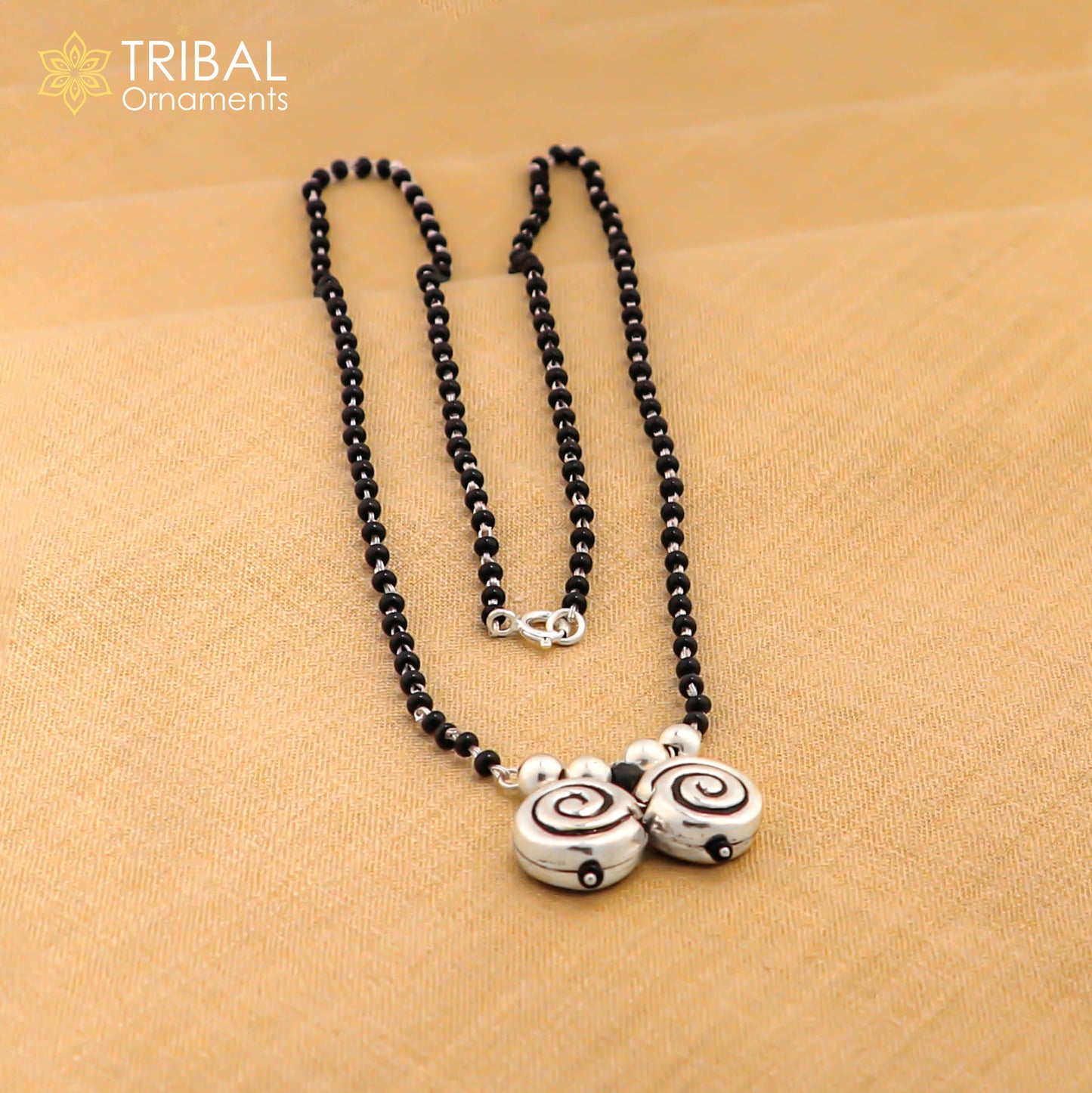925 sterling silver black beads chain necklace, vintage south indian Style pendant, traditional style brides Mangalsutra necklace set506 - TRIBAL ORNAMENTS
