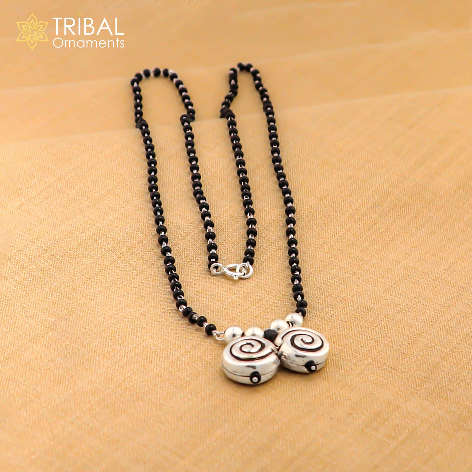 925 sterling silver black beads chain necklace, vintage south indian Style pendant, traditional style brides Mangalsutra necklace set506 - TRIBAL ORNAMENTS