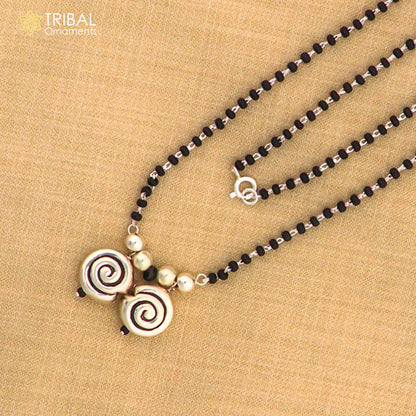 925 sterling silver black beads chain necklace with vintage South Indian style pendant, traditional brides Mangalsutra from TRIBAL ORNAMENTS.