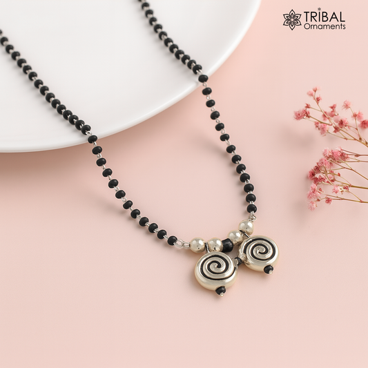925 sterling silver black beads chain necklace, vintage south indian Style pendant, traditional style brides Mangalsutra necklace set506 - TRIBAL ORNAMENTS
