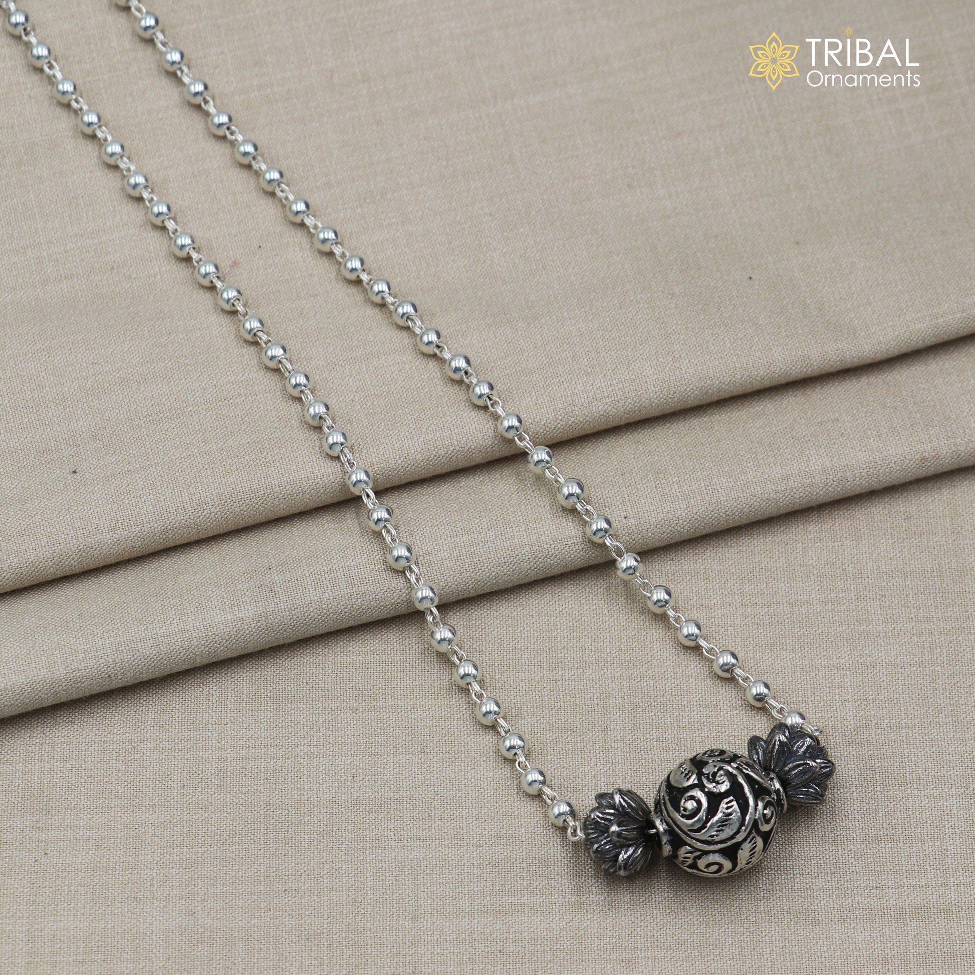 925 sterling silver handmade 4mm beads long necklace, unique ball design pendant traditional cultural functional necklace jewelry  SET535 - TRIBAL ORNAMENTS