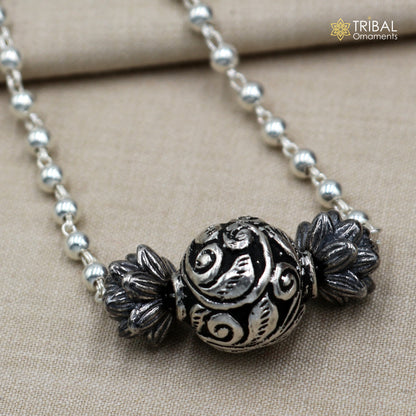 925 sterling silver 4mm beads long necklace with a unique ball design pendant, traditional cultural jewelry by TRIBAL ORNAMENTS