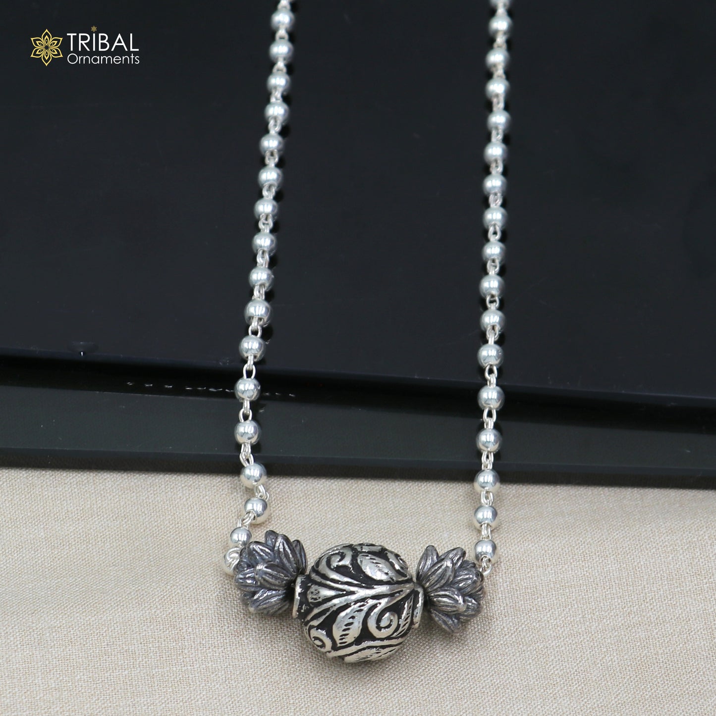 925 sterling silver handmade 4mm beads long necklace, unique ball design pendant traditional cultural functional necklace jewelry  SET535 - TRIBAL ORNAMENTS