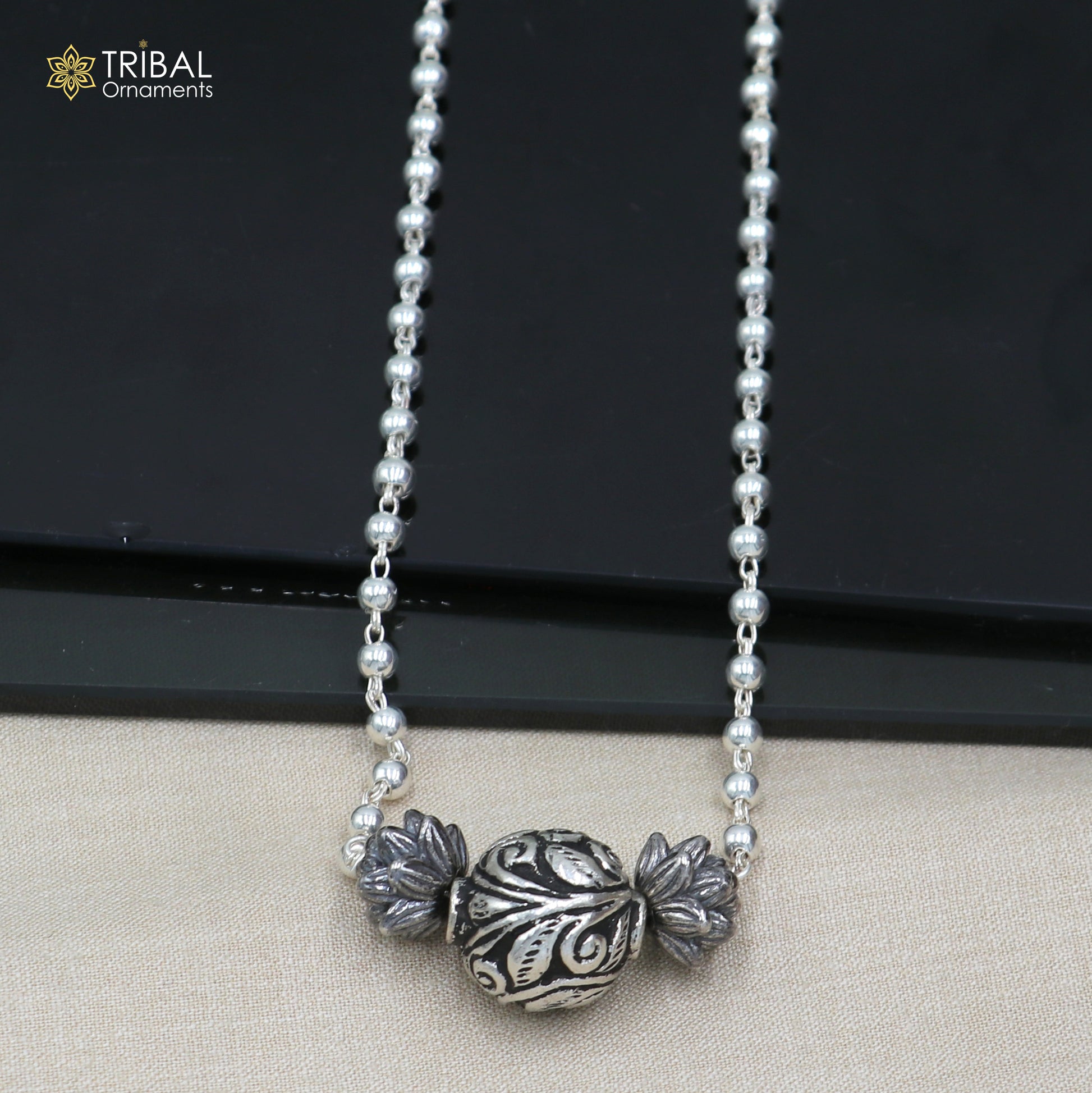 925 sterling silver handmade 4mm beads long necklace, unique ball design pendant traditional cultural functional necklace jewelry  SET535 - TRIBAL ORNAMENTS