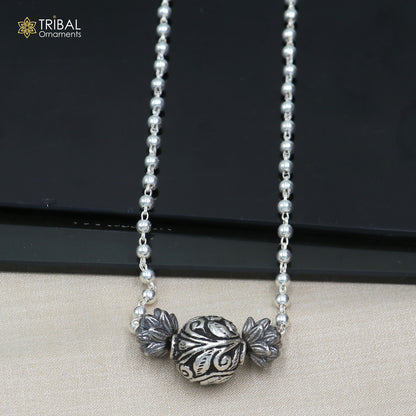 925 sterling silver beaded long necklace with unique ball pendant, traditional tribal jewelry by TRIBAL ORNAMENTS.