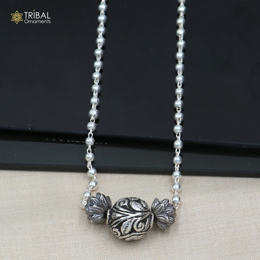 925 sterling silver beaded long necklace with unique ball pendant, traditional tribal jewelry by TRIBAL ORNAMENTS.