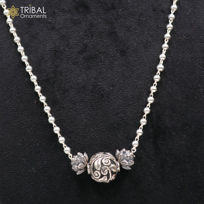 925 sterling silver long necklace with 4mm beads and unique ball pendant, traditional tribal jewelry by TRIBAL ORNAMENTS