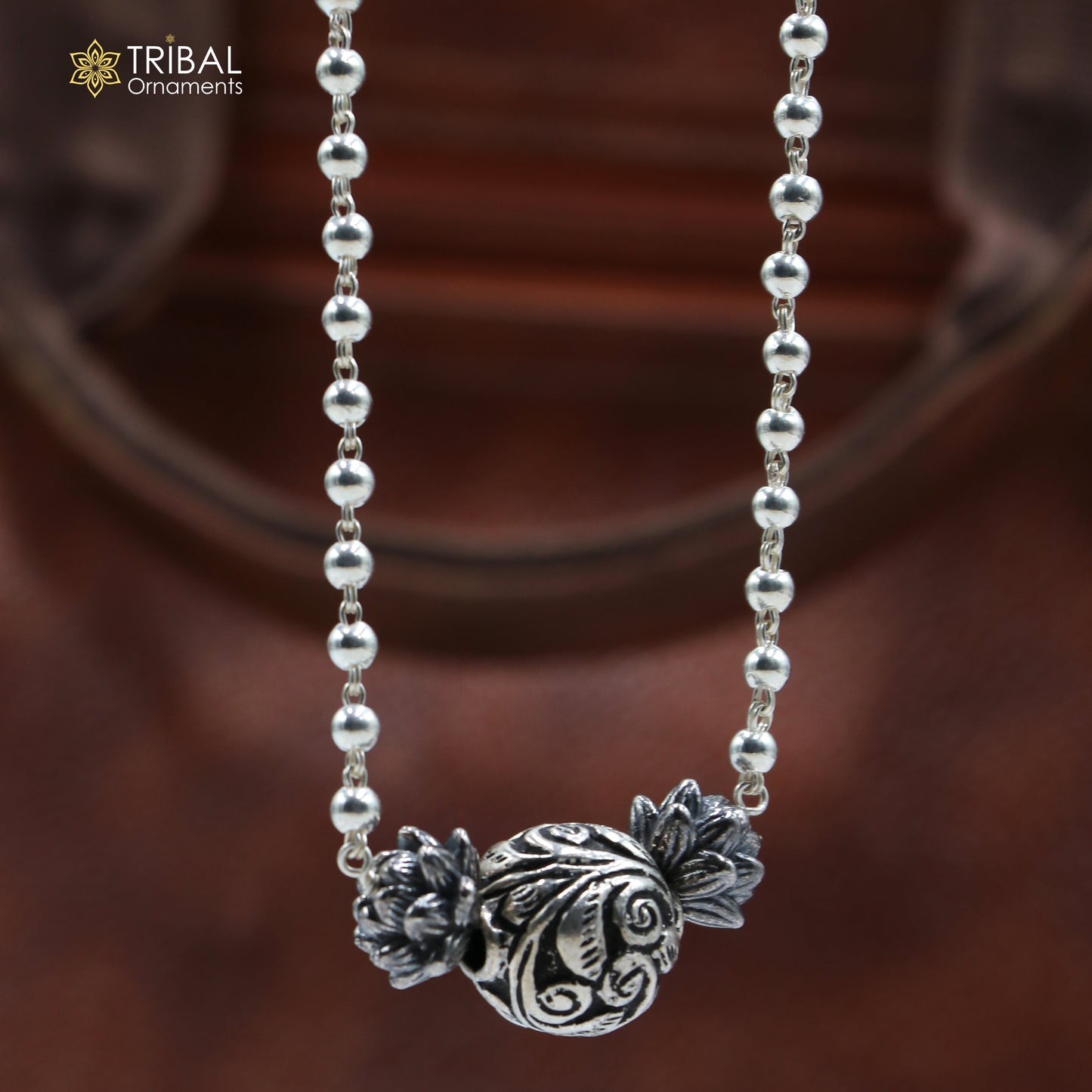 925 sterling silver handmade 4mm beads long necklace, unique ball design pendant traditional cultural functional necklace jewelry  SET535 - TRIBAL ORNAMENTS