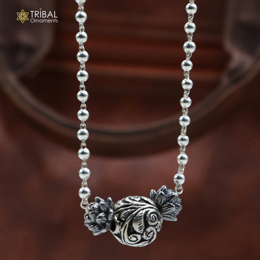 925 sterling silver long necklace with 4mm beads and unique ball pendant, featuring traditional cultural design by TRIBAL ORNAMENTS