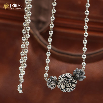 Sterling silver 4mm bead necklace with a unique ball pendant, traditional cultural jewelry by TRIBAL ORNAMENTS.