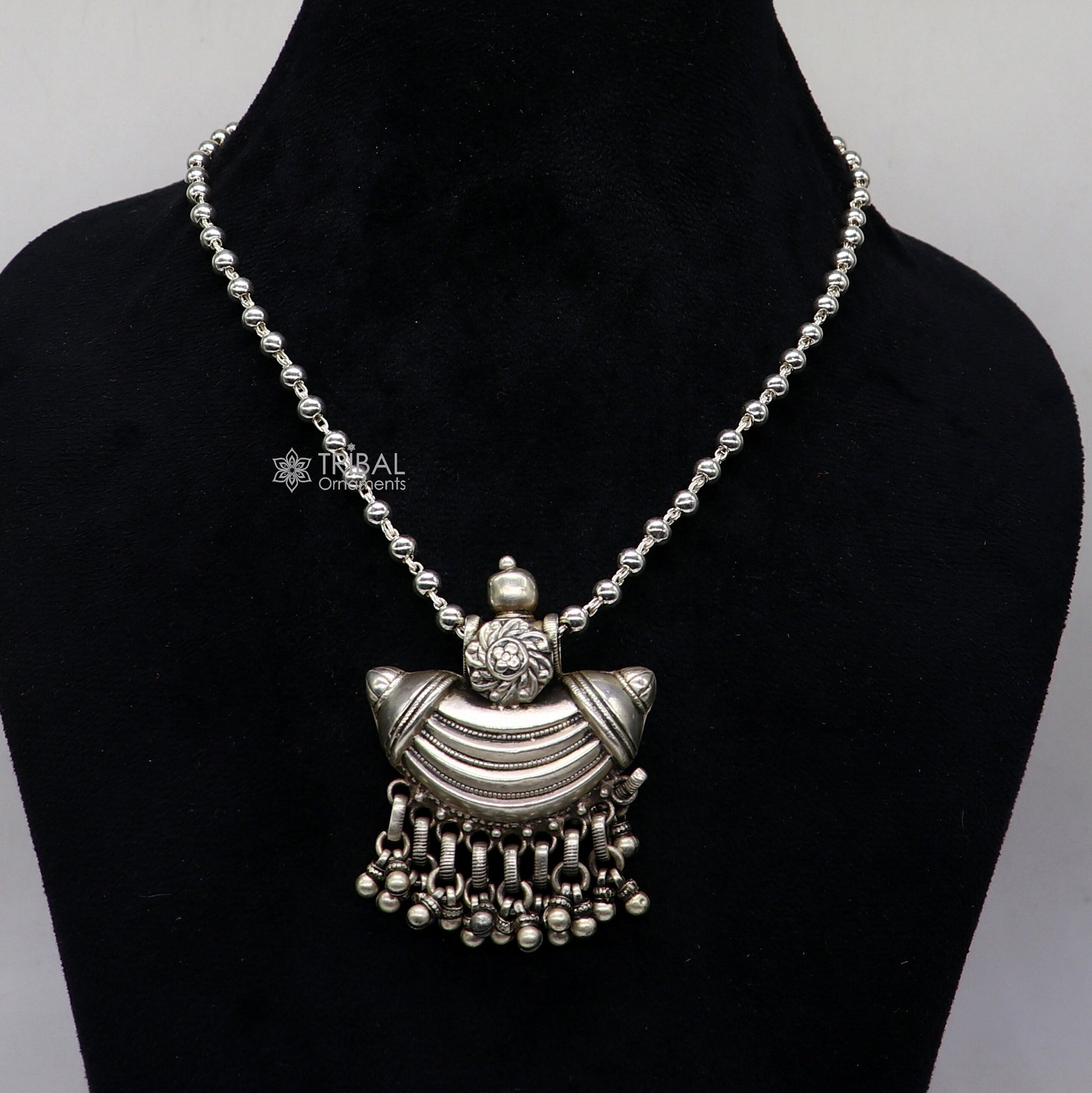 925 sterling silver tribal pendant charm featuring ethnic temple design from Indian tribal jewelry collection by TRIBAL ORNAMENTS.