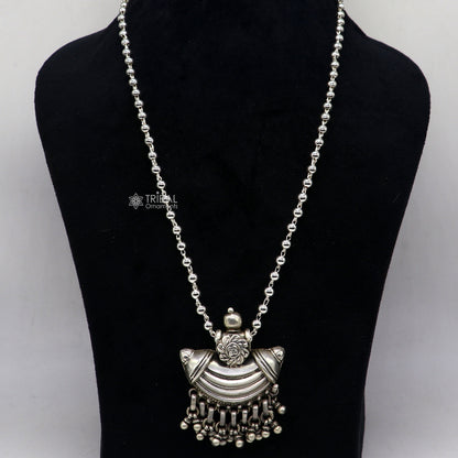 925 sterling silver tribal pendant with ethnic temple design from Indian jewelry, featuring intricate tribal ornament details.