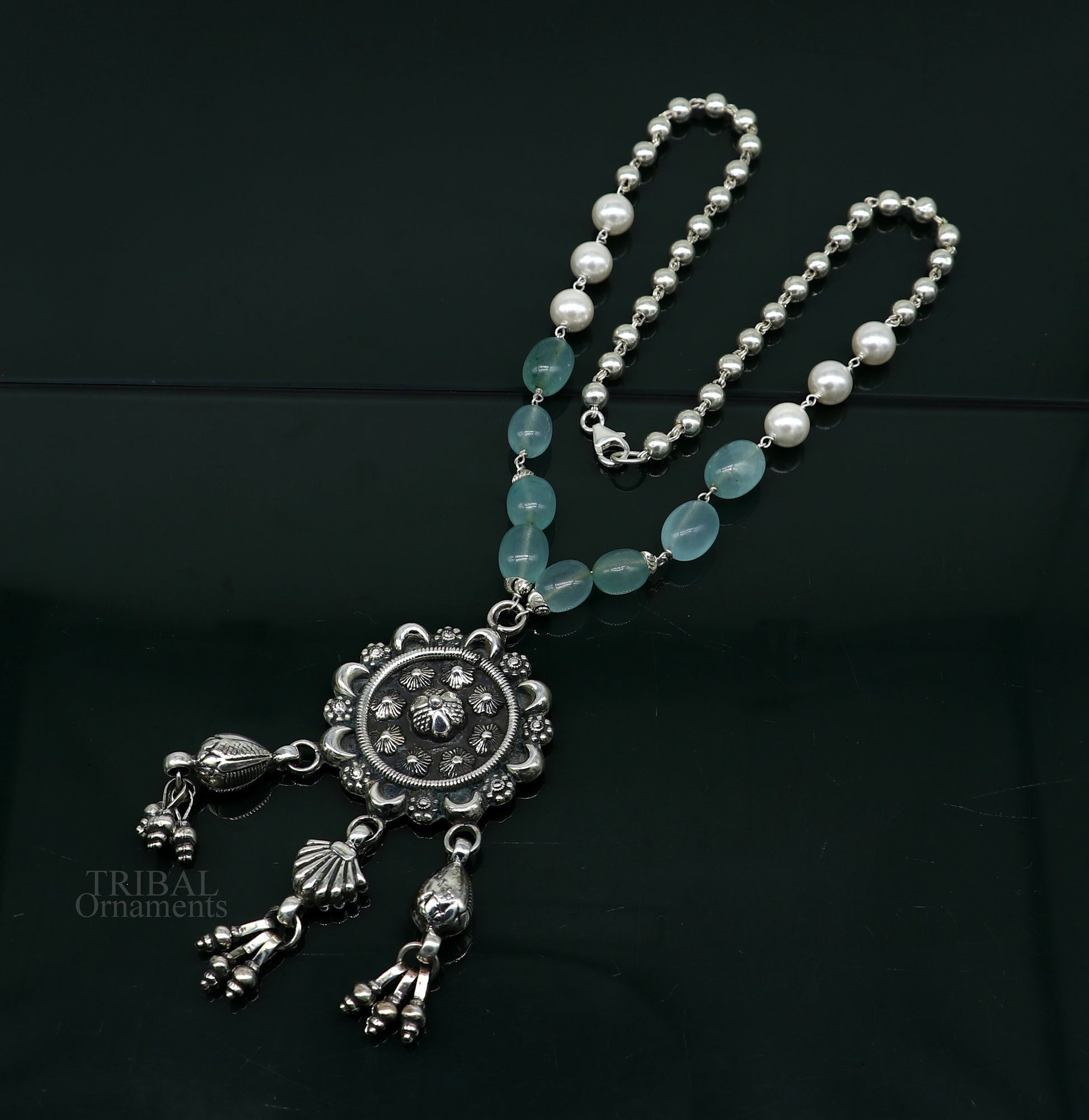 925 sterling silver stunning hanging drops vintage design beaded necklace, customized brides belly dance Guttapusalu necklace India set309 - TRIBAL ORNAMENTS