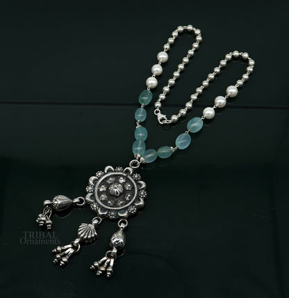 925 sterling silver vintage beaded necklace with hanging drops, designed for brides and belly dance, tribal ornaments style.
