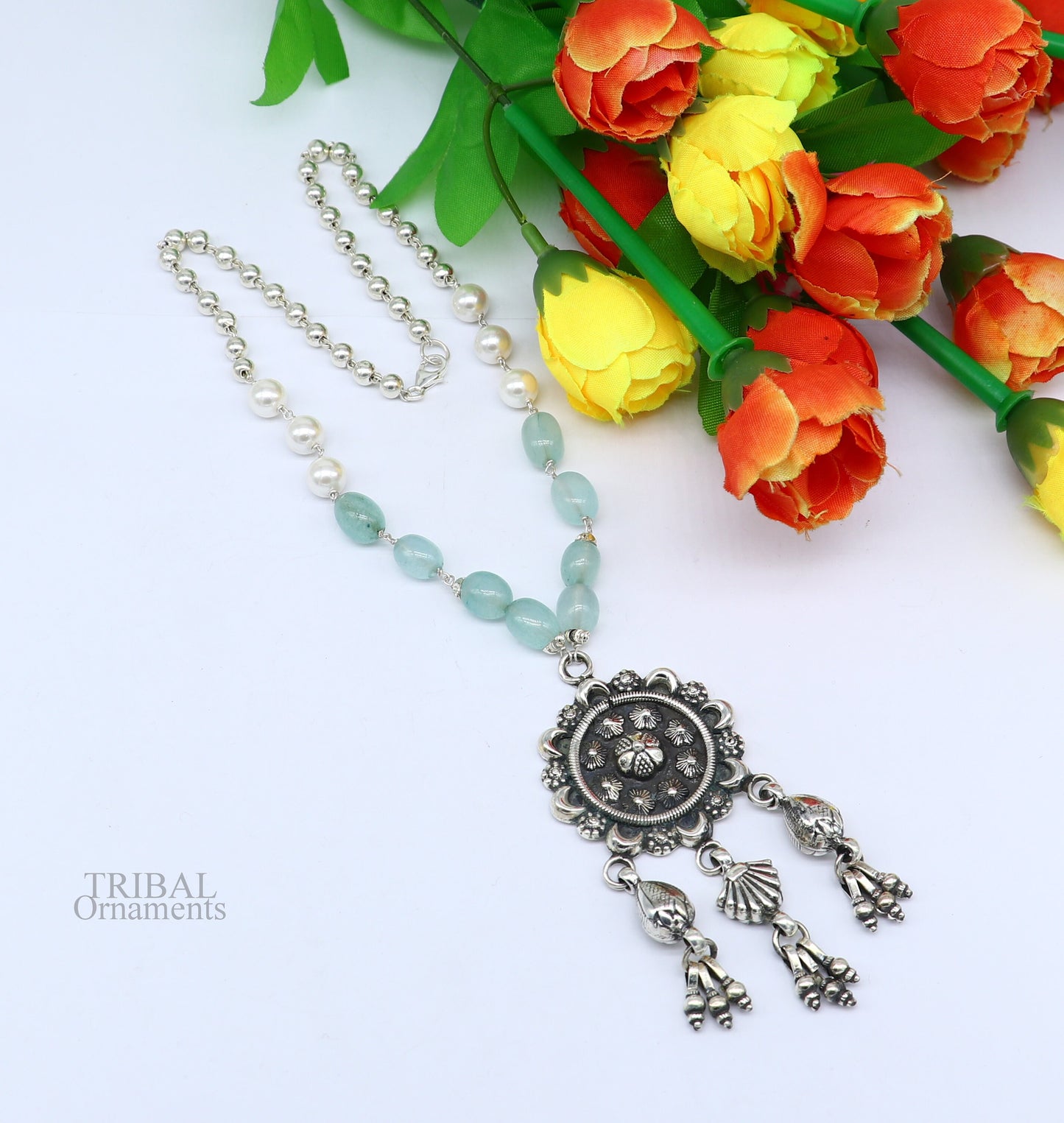 925 sterling silver stunning hanging drops vintage design beaded necklace, customized brides belly dance Guttapusalu necklace India set309 - TRIBAL ORNAMENTS