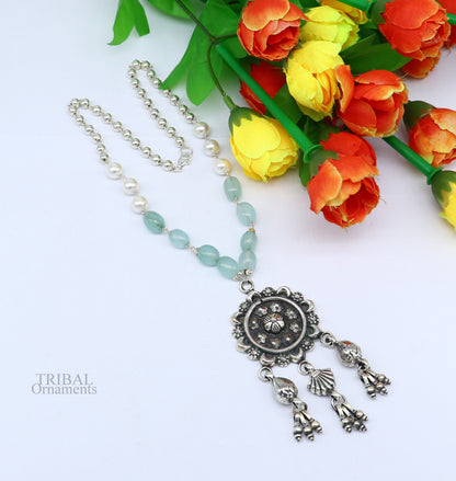 Sterling silver vintage beaded necklace with hanging drops, designed for brides or belly dance, by TRIBAL ORNAMENTS.