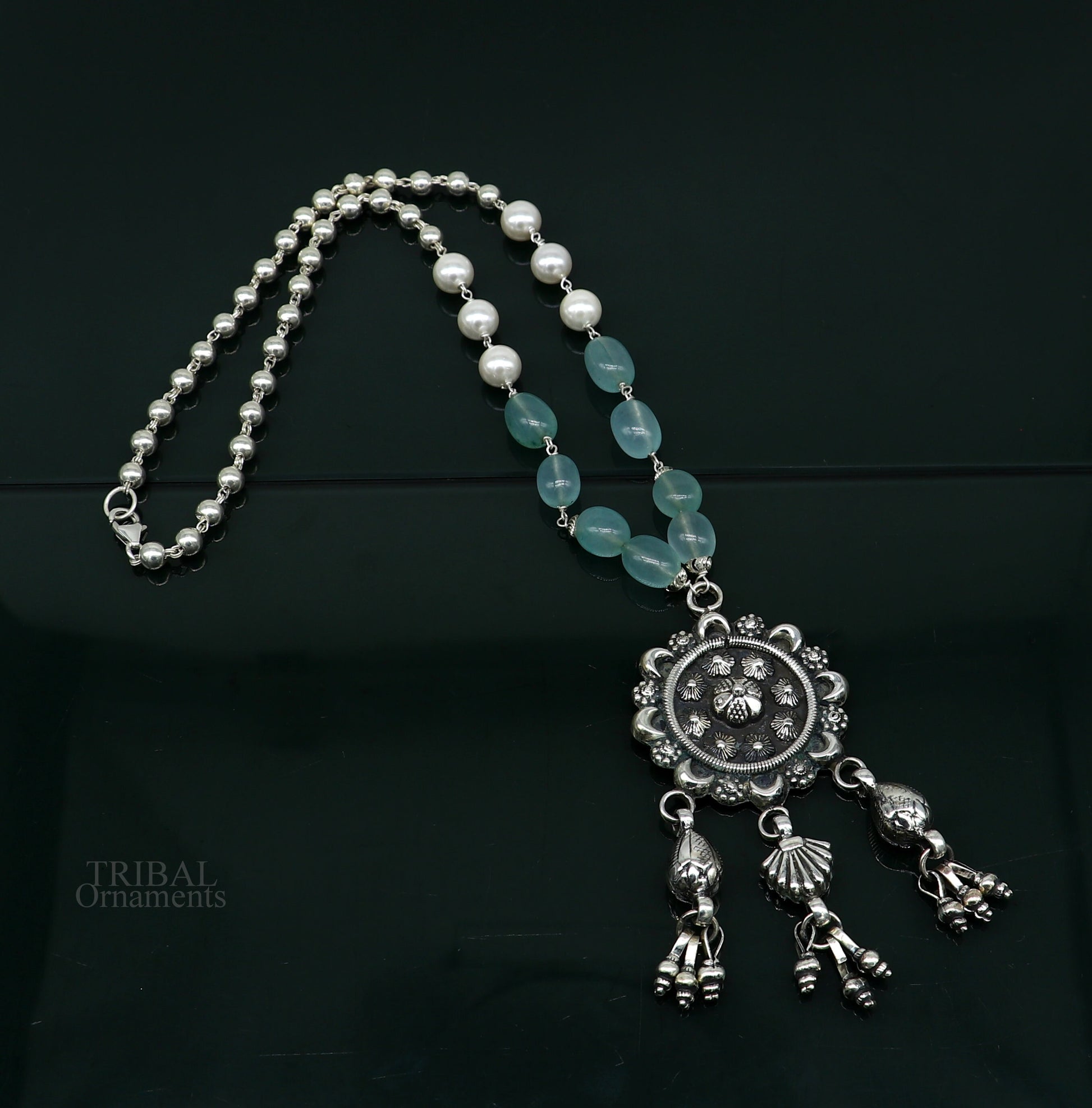 925 sterling silver stunning hanging drops vintage design beaded necklace, customized brides belly dance Guttapusalu necklace India set309 - TRIBAL ORNAMENTS