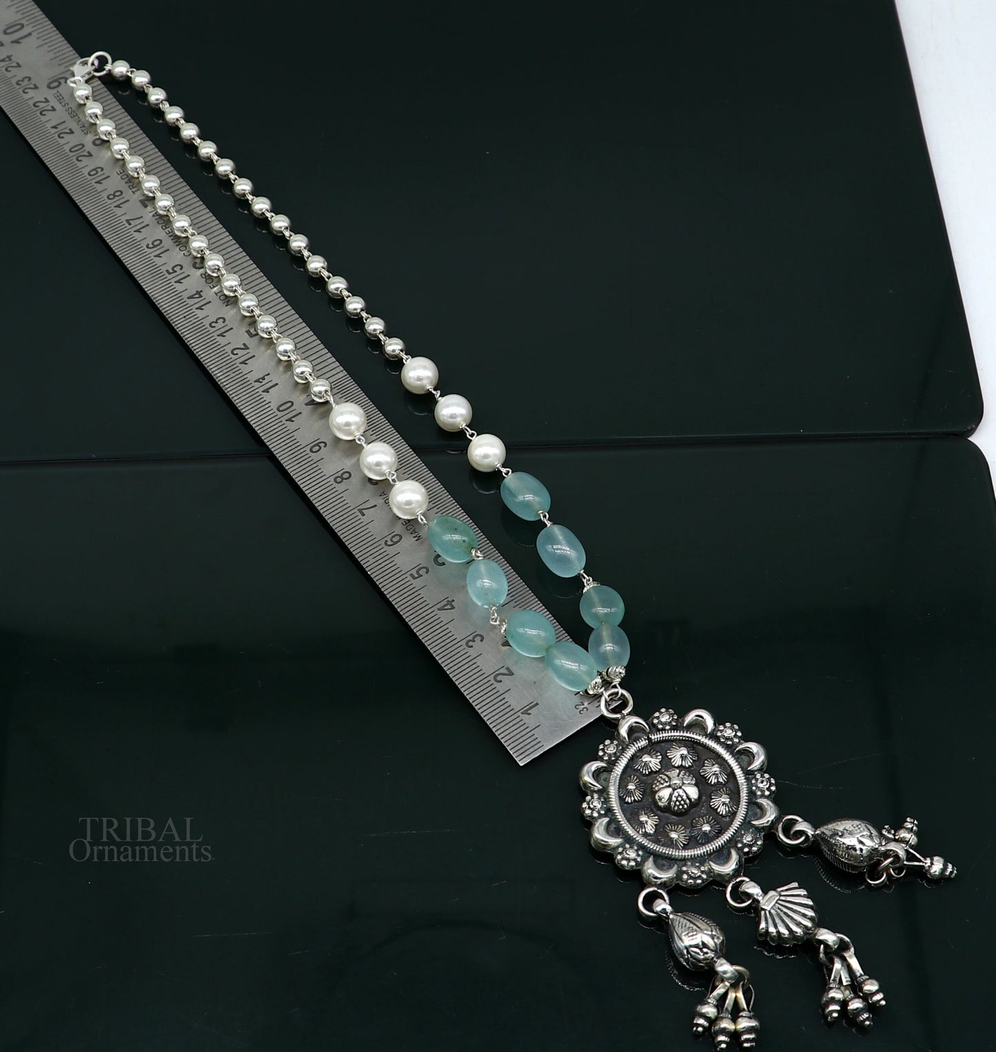 925 sterling silver stunning hanging drops vintage design beaded necklace, customized brides belly dance Guttapusalu necklace India set309 - TRIBAL ORNAMENTS