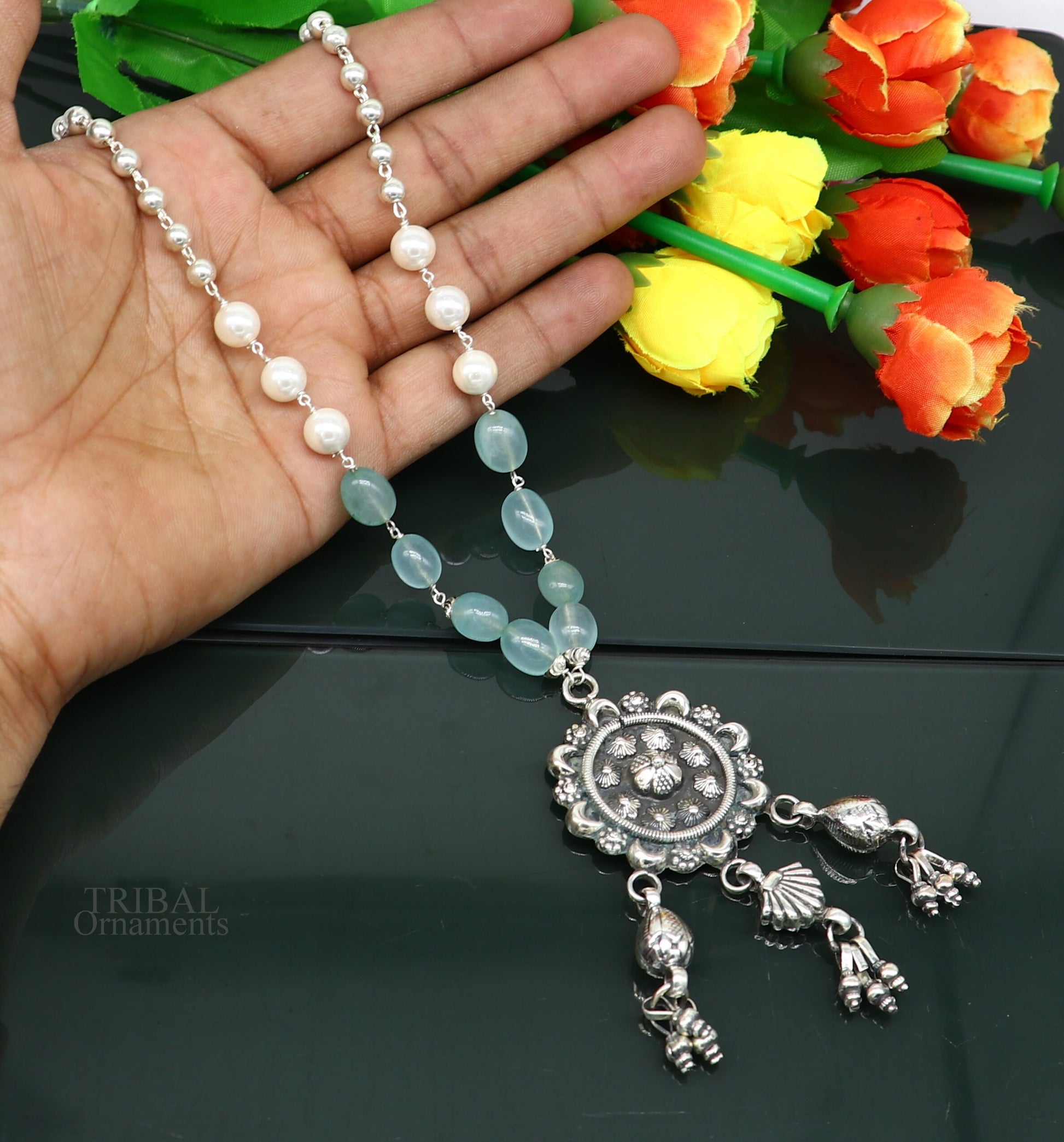 925 sterling silver stunning hanging drops vintage design beaded necklace, customized brides belly dance Guttapusalu necklace India set309 - TRIBAL ORNAMENTS