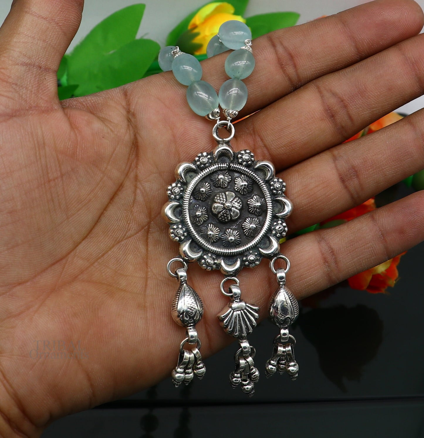 925 sterling silver stunning hanging drops vintage design beaded necklace, customized brides belly dance Guttapusalu necklace India set309 - TRIBAL ORNAMENTS