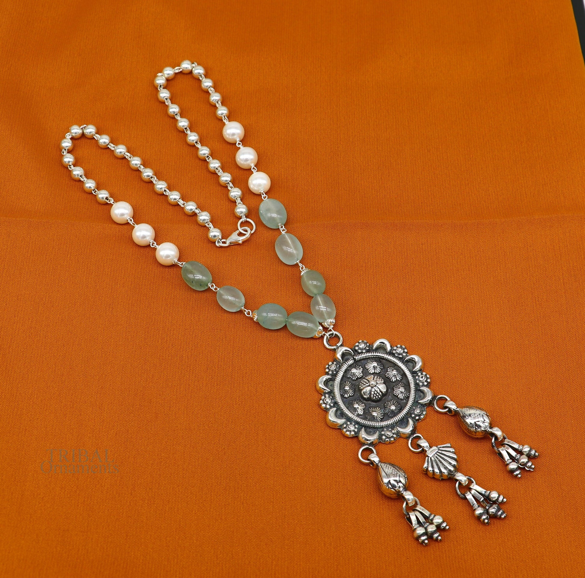 925 sterling silver stunning hanging drops vintage design beaded necklace, customized brides belly dance Guttapusalu necklace India set309 - TRIBAL ORNAMENTS