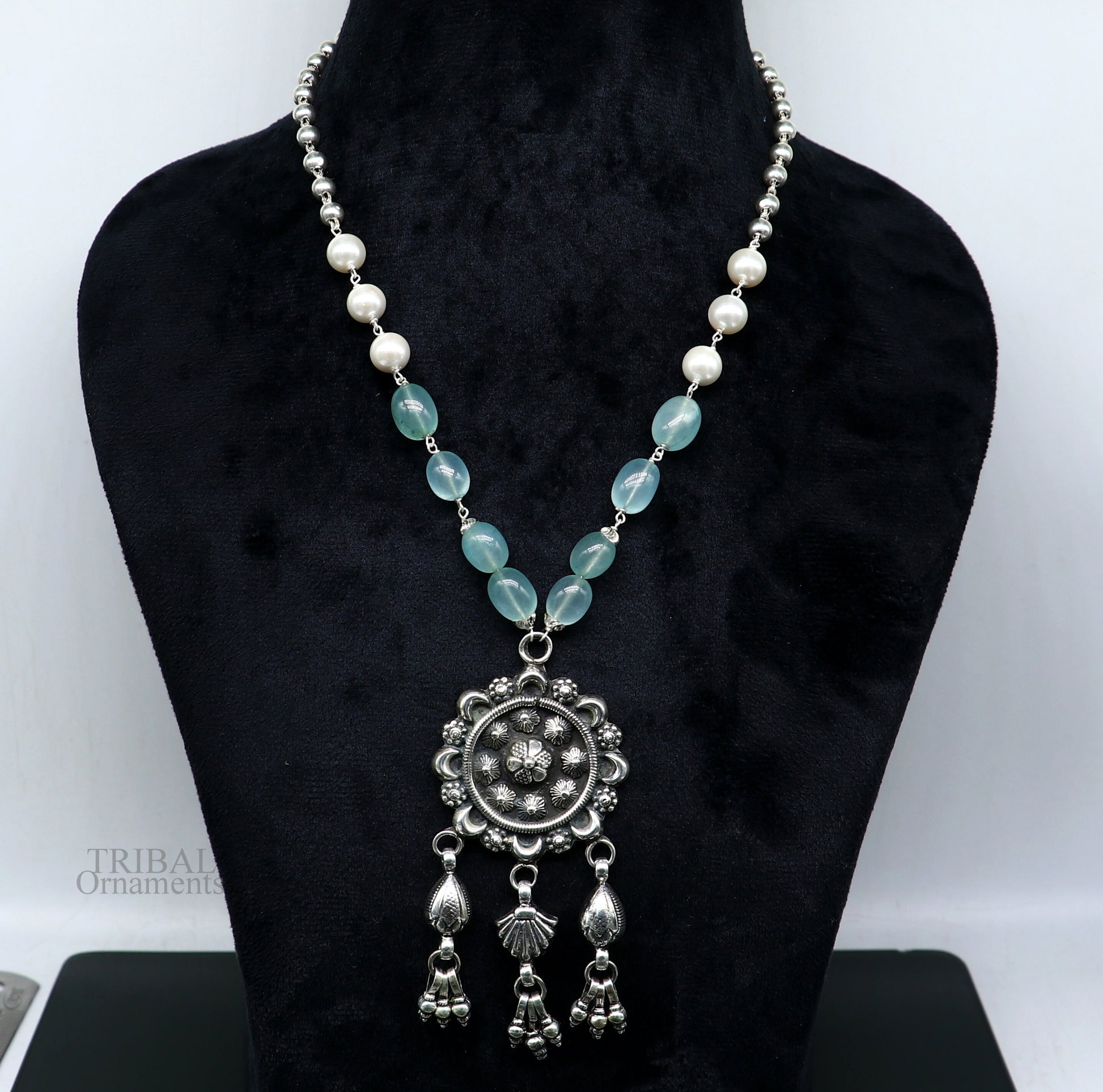 925 sterling silver stunning hanging drops vintage design beaded necklace, customized brides belly dance Guttapusalu necklace India set309 - TRIBAL ORNAMENTS